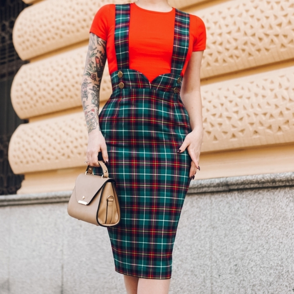Dixie Doll' Blue Tartan 50s Style Pencil Skirt